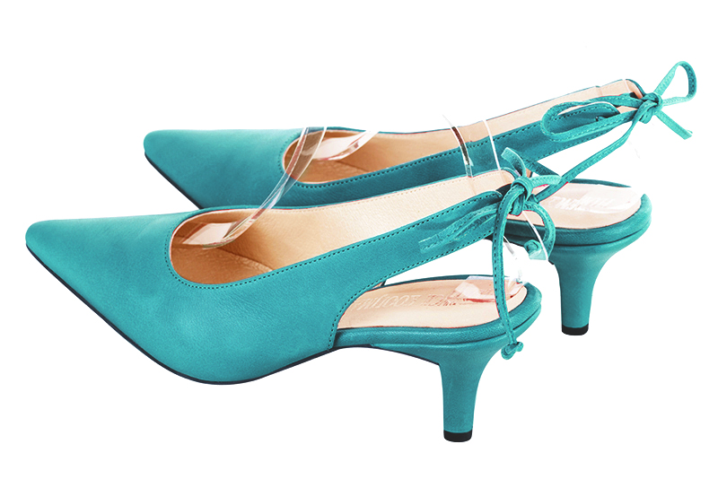 Turquoise blue women's slingback shoes. Pointed toe. Medium slim heel. Rear view - Florence KOOIJMAN